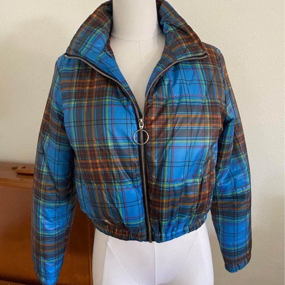 Wild Fable Blue Plaid 70s Style Retro Puffer Jacke - Picture 6 of 8